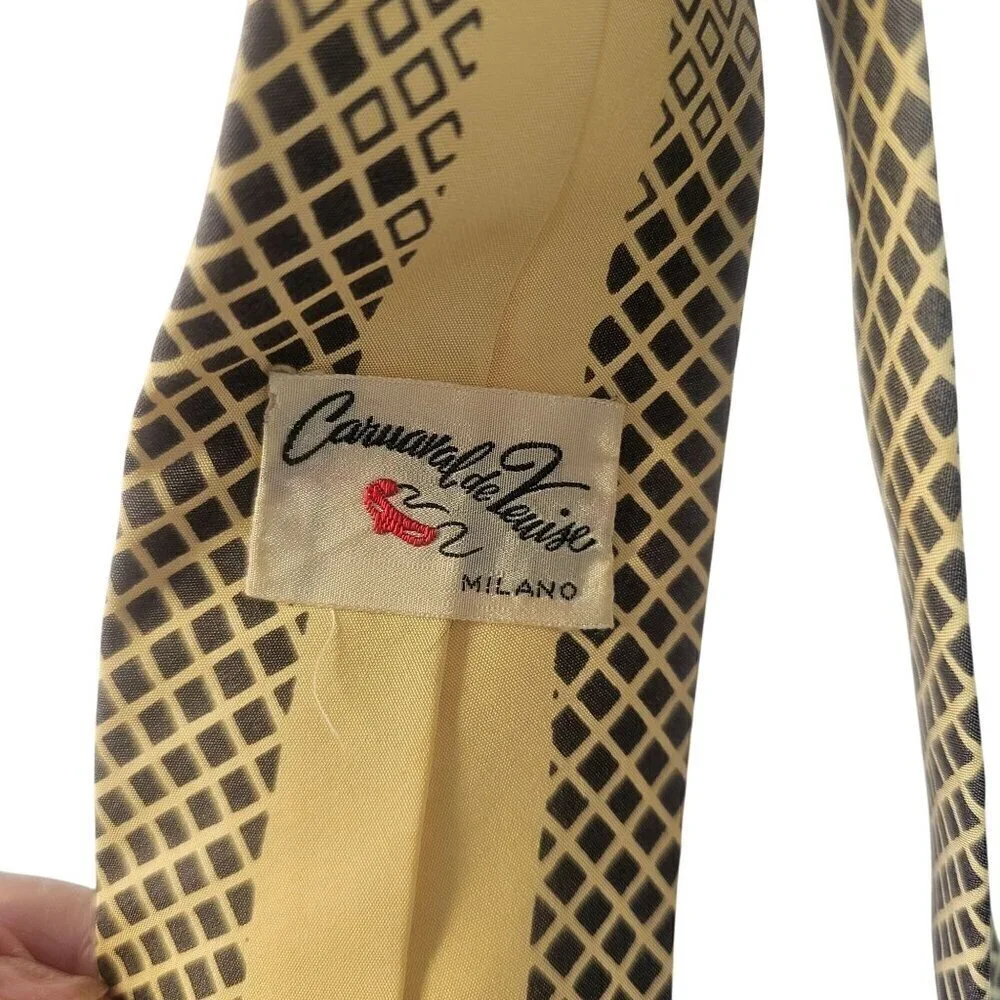 50s Carnavale de Venise Italy Silk Tie Black Diamond Pattern on Vanilla 2.25x51